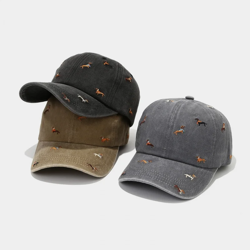 Vintage Washed Cotton Baseball Cap, All Over Dachshund Embroidery Dad Hat, Solid Soft Top Casual Outdoor Sports Sun Hat Unisex