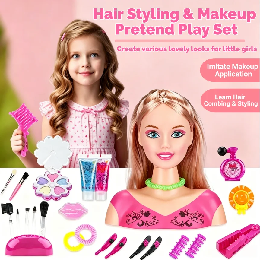 半身人形ヘアスタイリングメイクアッププレイセット、化粧品キットとヘアアクセサリー付きマネキンヘッド、プリンセスヘアスタイルおもちゃ