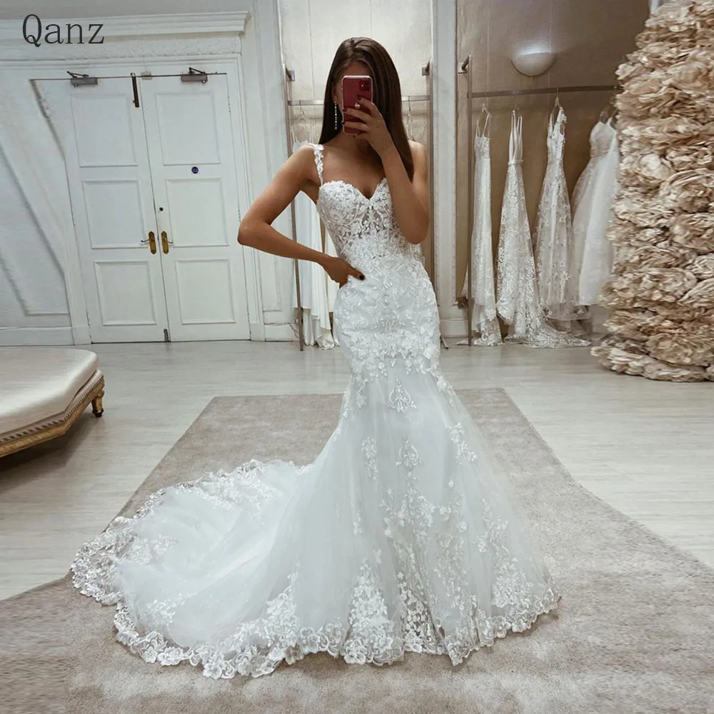 

Qanz Sweetheart Mermaid Wedding Dresses Plus Size Woman Straps Vestido De Noiva Sweep Train Lace Appliques Vestidos De Fiesta