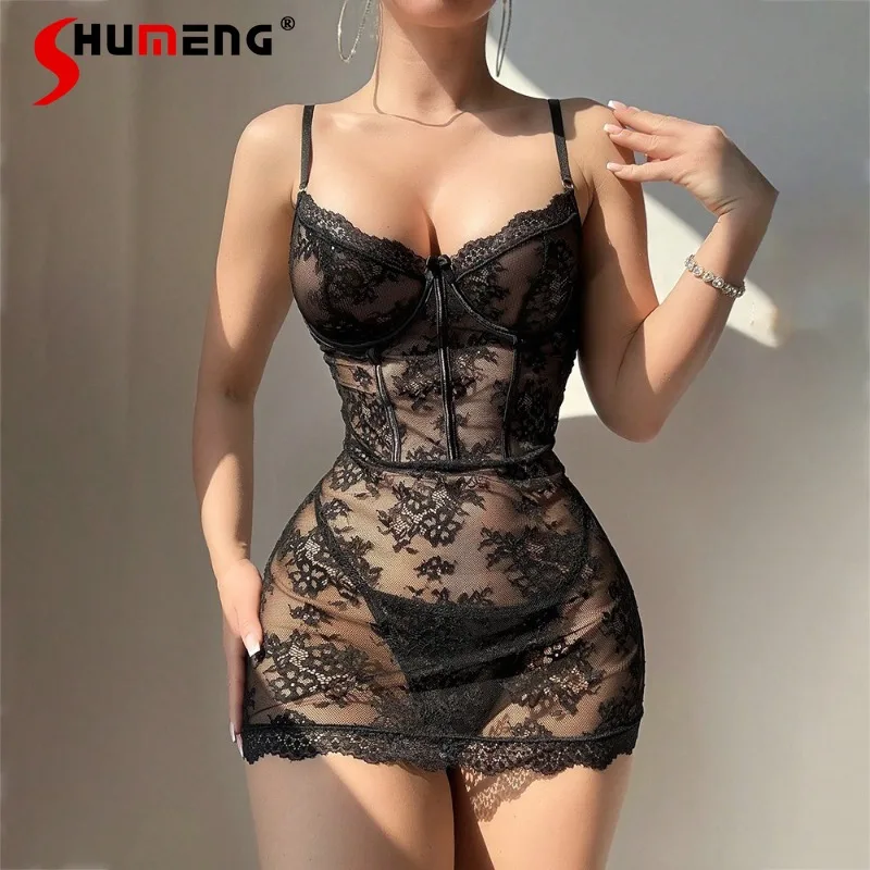 Camicia da notte aderente in pizzo nero per donna Camicie da notte dimagranti estive femminili in pizzo trasparente puro desiderio