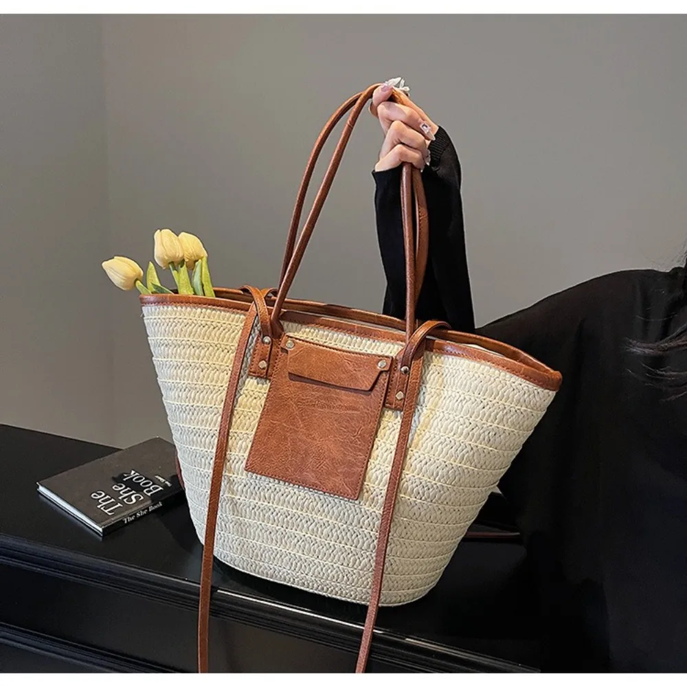 

New Vintage Style Straw Baskets Bag Handmade Woven Raffia Circle Woven Shoulder Bag Large Capacity Rattan Material Beach Bag