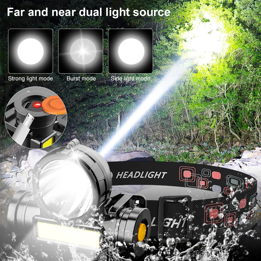 LED USB Rechargeable COB Headlamp 1200 mA Powerful Headlight Super Bright Waterproof Head Torch For Outdoor dual light sources