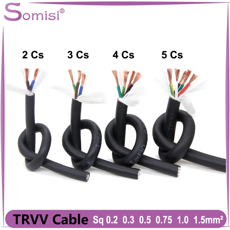 1/5/10M TRVV Cable Sq0.2 0.3 0.5 0.75 1 1.5 mm 2 3 4 5 Cores PVC Copper Towline Bend Resistant Drag Chain Flexible Wire