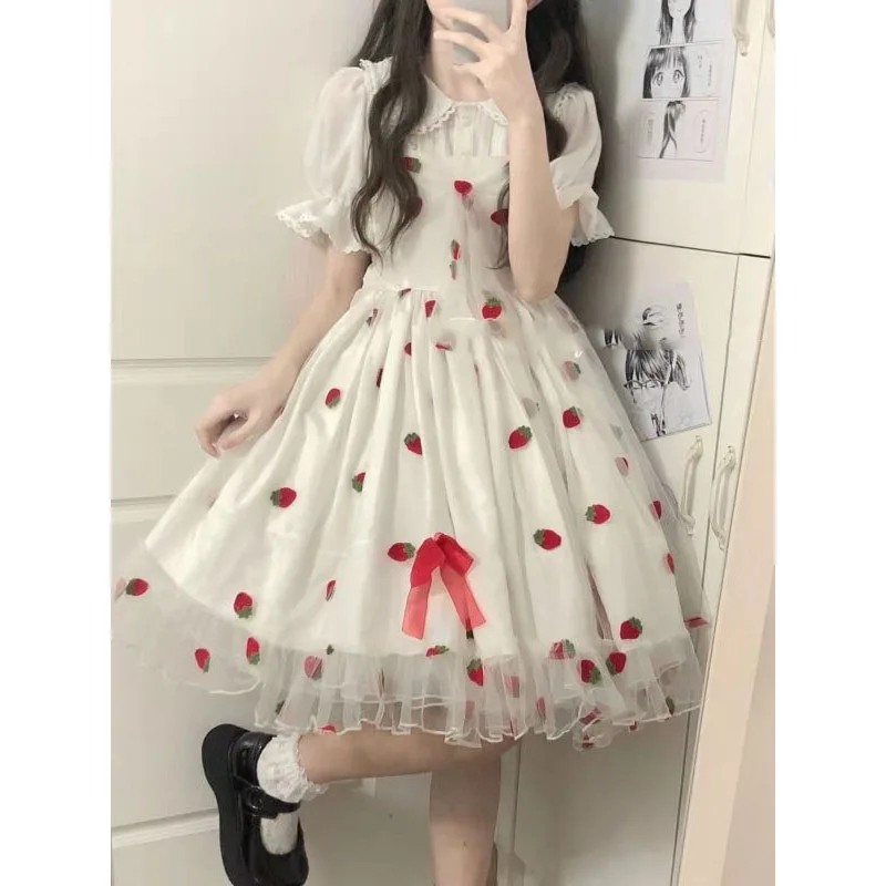 2024 Summer New Women's Clothing Slip Dress Sleeveless Fashion Trendy Slim Spliced Gauze Strawberry Bow Comfortable Dress