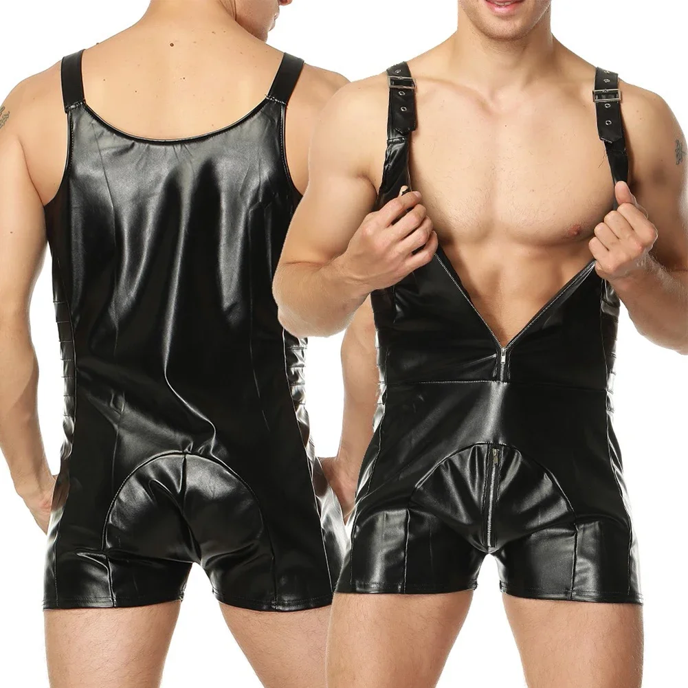 Solid Color Men\'s Sleeveless Faux Patent Leather Bodysuits Wet Look Leotard Jumpsuits Clubwear Man Nightwear