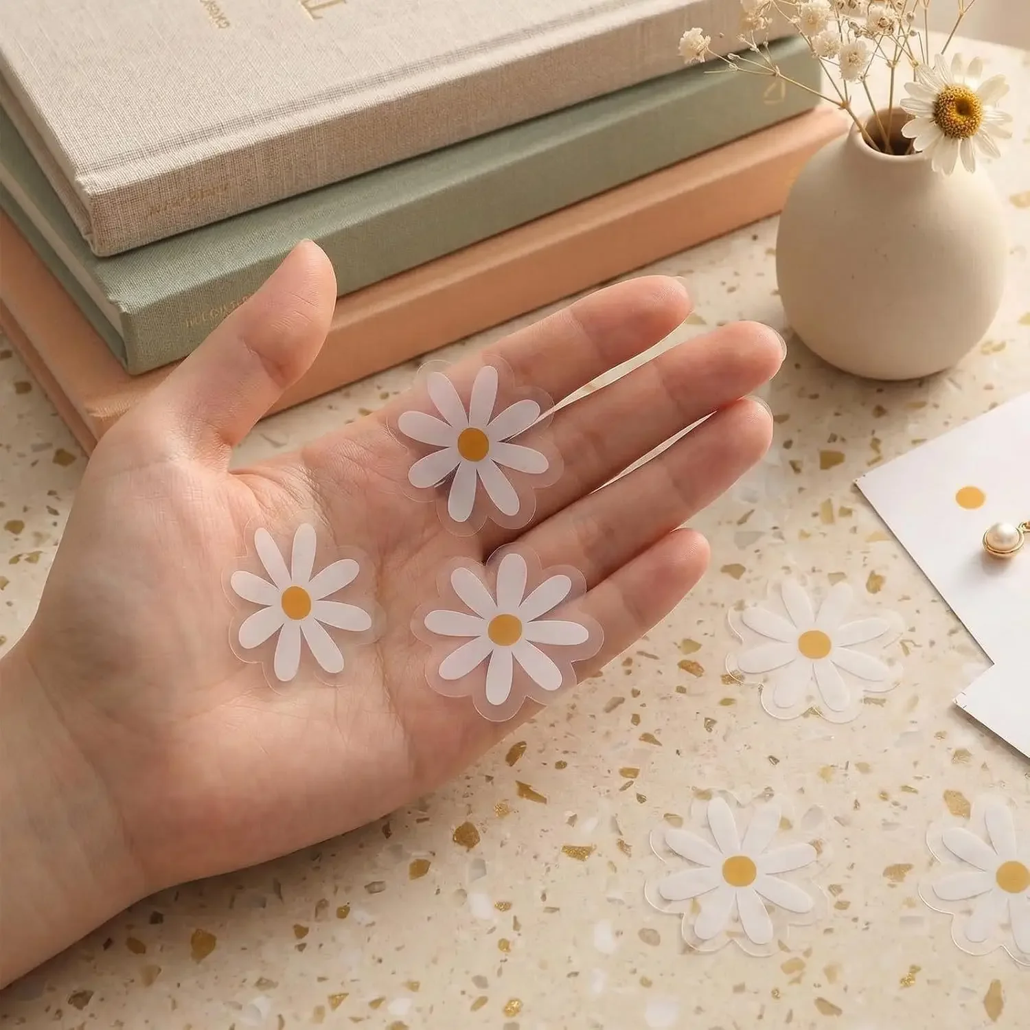 5 sheets Cute Daisy Floral Stickers-Small Round Decals with Glitter Accents,Reusable Glossy Finish for Phones, Laptops