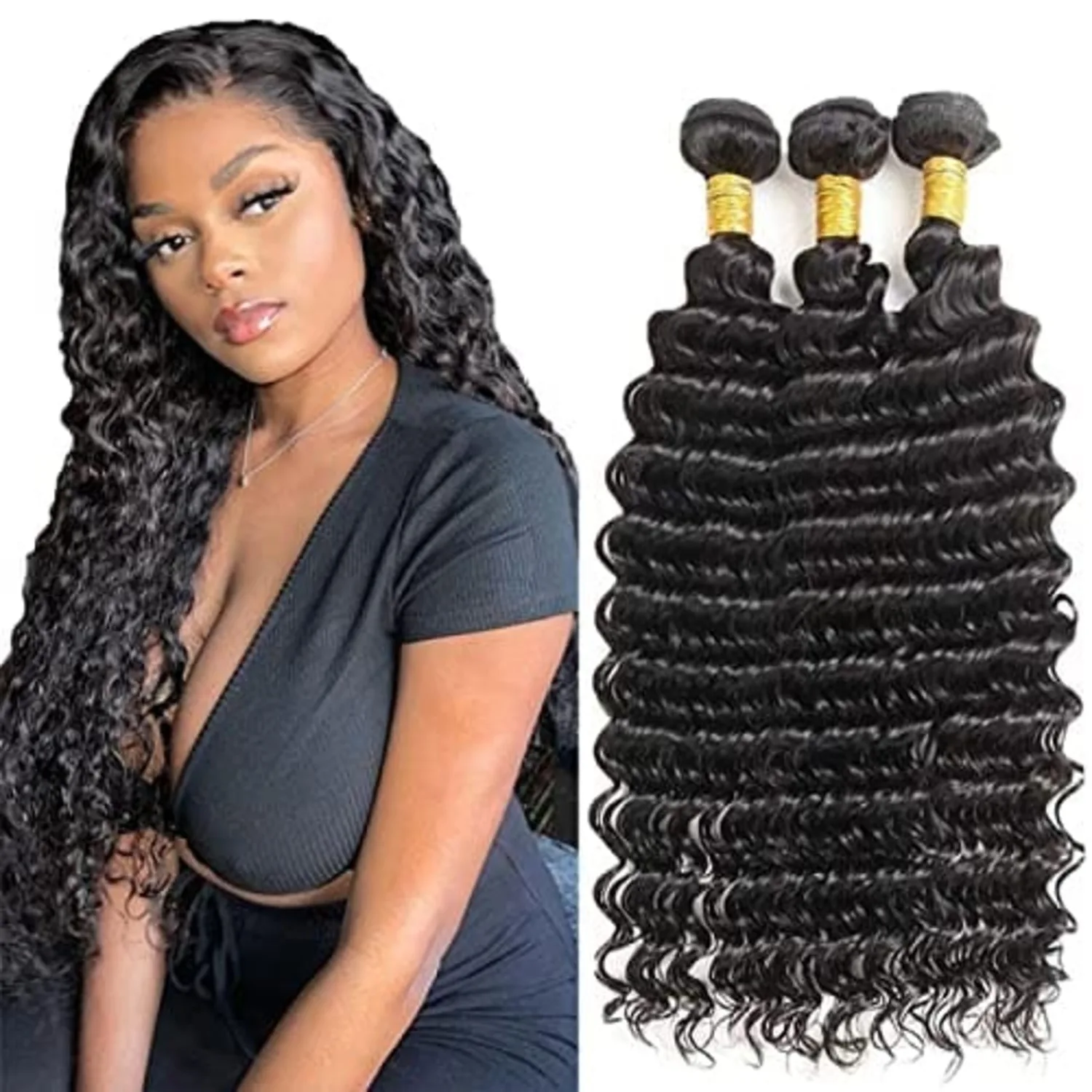 12A Deep Wave Human Hair Bundles 16 18 20 Inch Brazilian Deep Wave Curly Bundles Human Hair 3 Bundles 100% Unprocessed