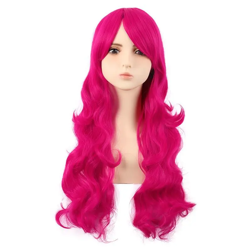 تونغمان كوس شعر مستعار طويل للنساء أنيمي موجات كبيرة طويل مجعد الشعر 70CMRose الأحمر الجانب الانفجارات شعر مستعار