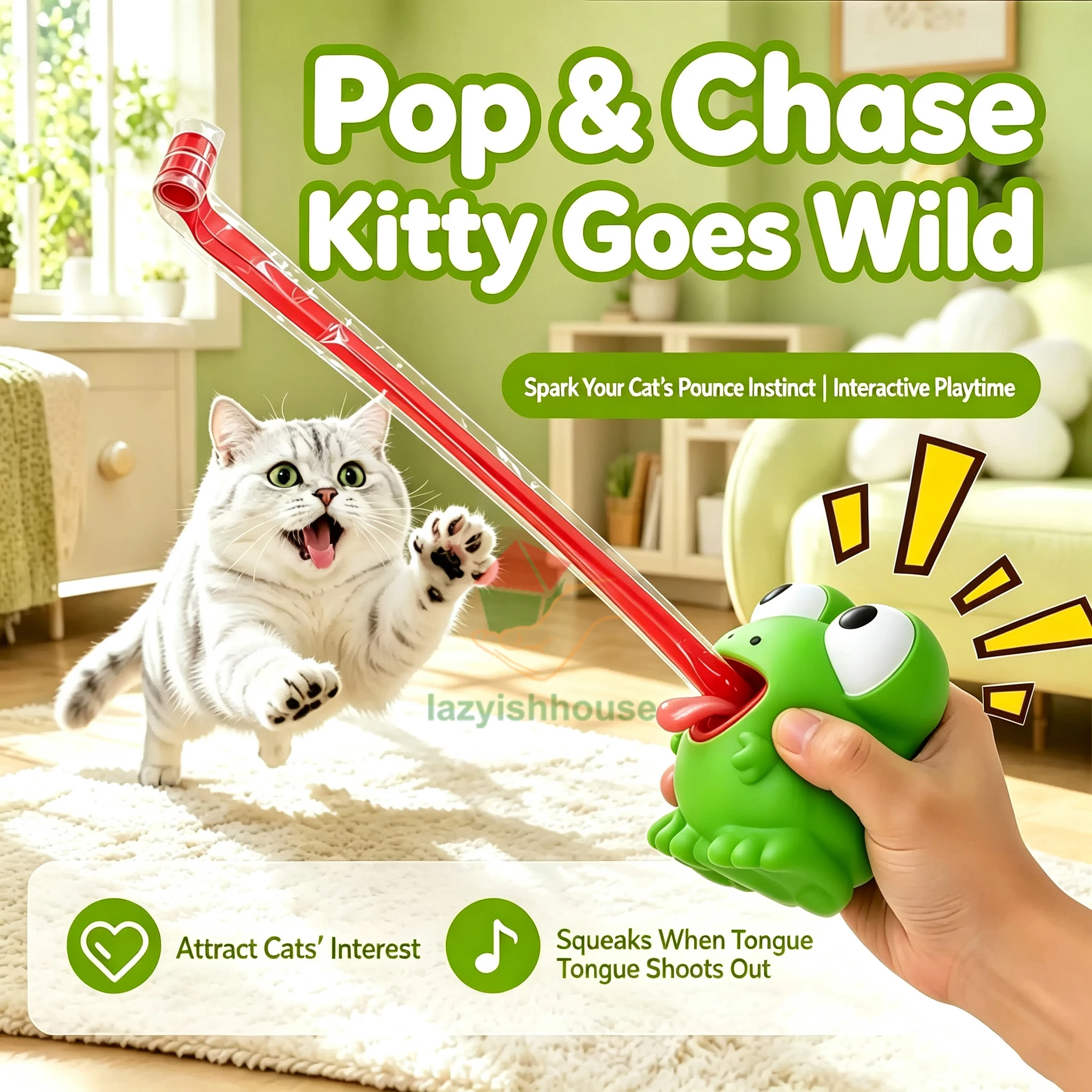 Katzenspielzeug: Frosch mit herausgestreckter Zunge, der die Katze beim Spielen und Knabbern spielt, interaktiver Spaßartikel, zur Linderung von Langeweile, macht Geräusche, Katzenspielzeug für