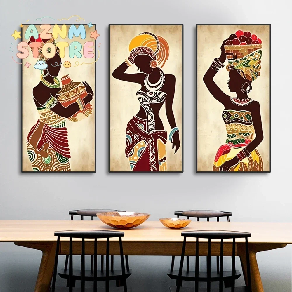 3er-Set ethnische afrikanische Leinwandbilder mit schwarzen Frauen, Vintage-Wandkunst, Figurendrucke für Wohnzimmer, dekorative Bilder für die Wand