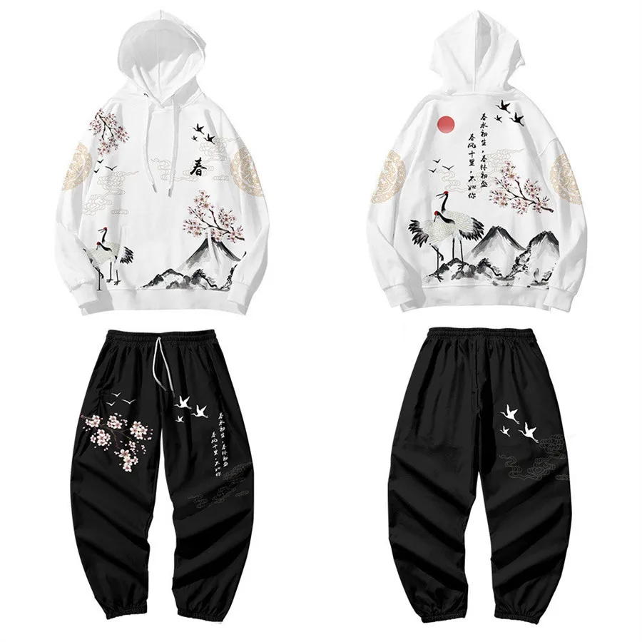 

Plum Blossom Crane Sportwear Set Fashion Hooded Suits Hoodie + Pants 2pcs Set Men Women Clothes