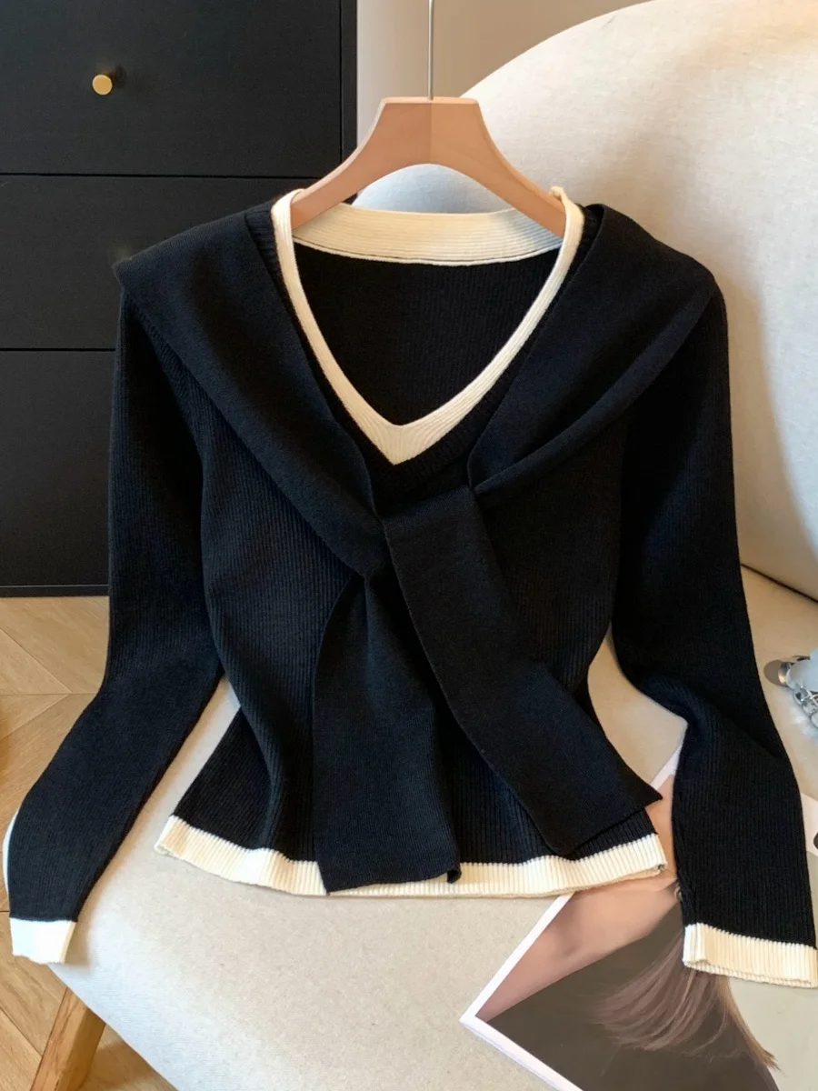 

Korean Sle Color Blo Knitted Sweater And awl Two Piece Set for Women Soft Long Sve Elastic Regular Length Autumn Win...