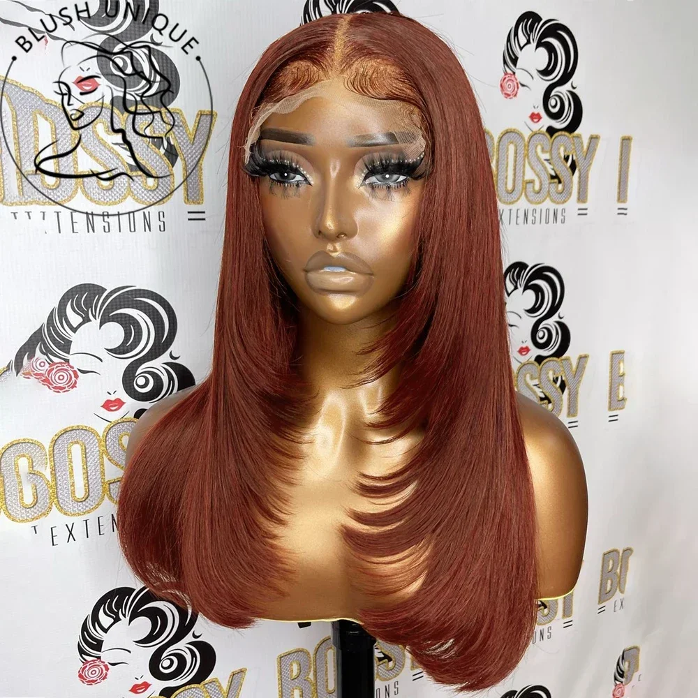 Reddish Brown Straight Layered Lace Front Wigs For Women Copper Red Pre Plucked Lace Frontal Wig Layers Glueless Synthetic Wig