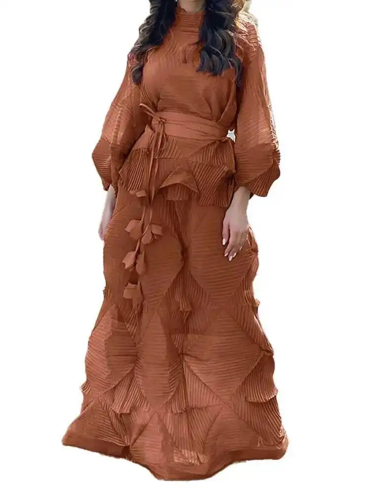 2 Pieces Sets For Women Handmade Pleated Bandage Shirt Top+long Length Fold Skirt Female Luxury Clothing 2KU2V view 3