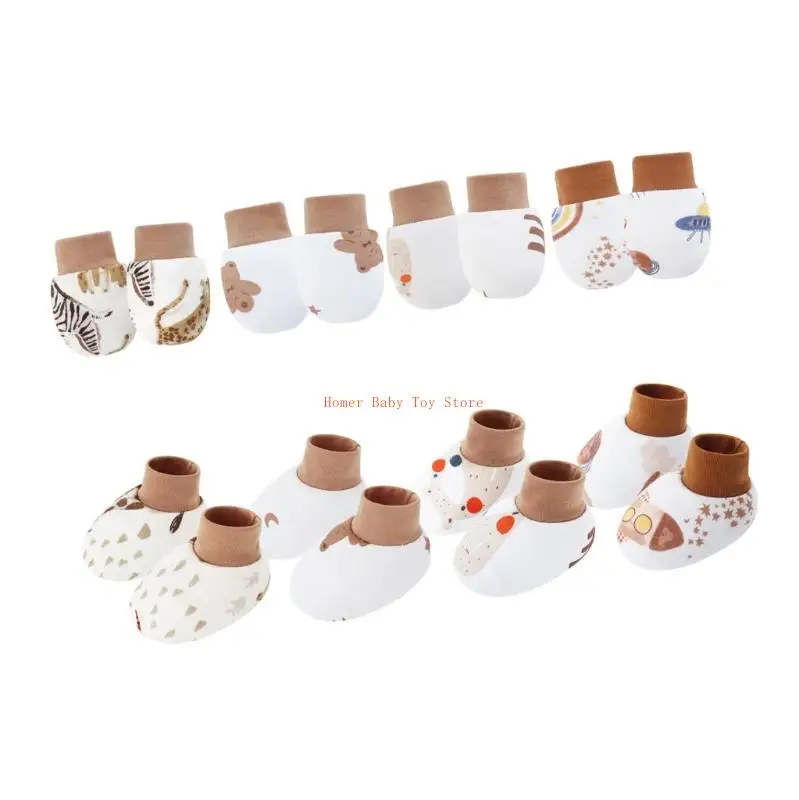 J0PF 4 ชุดผ้าฝ้ายนุ่มสบายเด็ก Mittens พร้อมถุงเท้าสำหรับทารกแรกเกิด Breathable Scratch Proof ถุงมือ 0-6 เดือน
