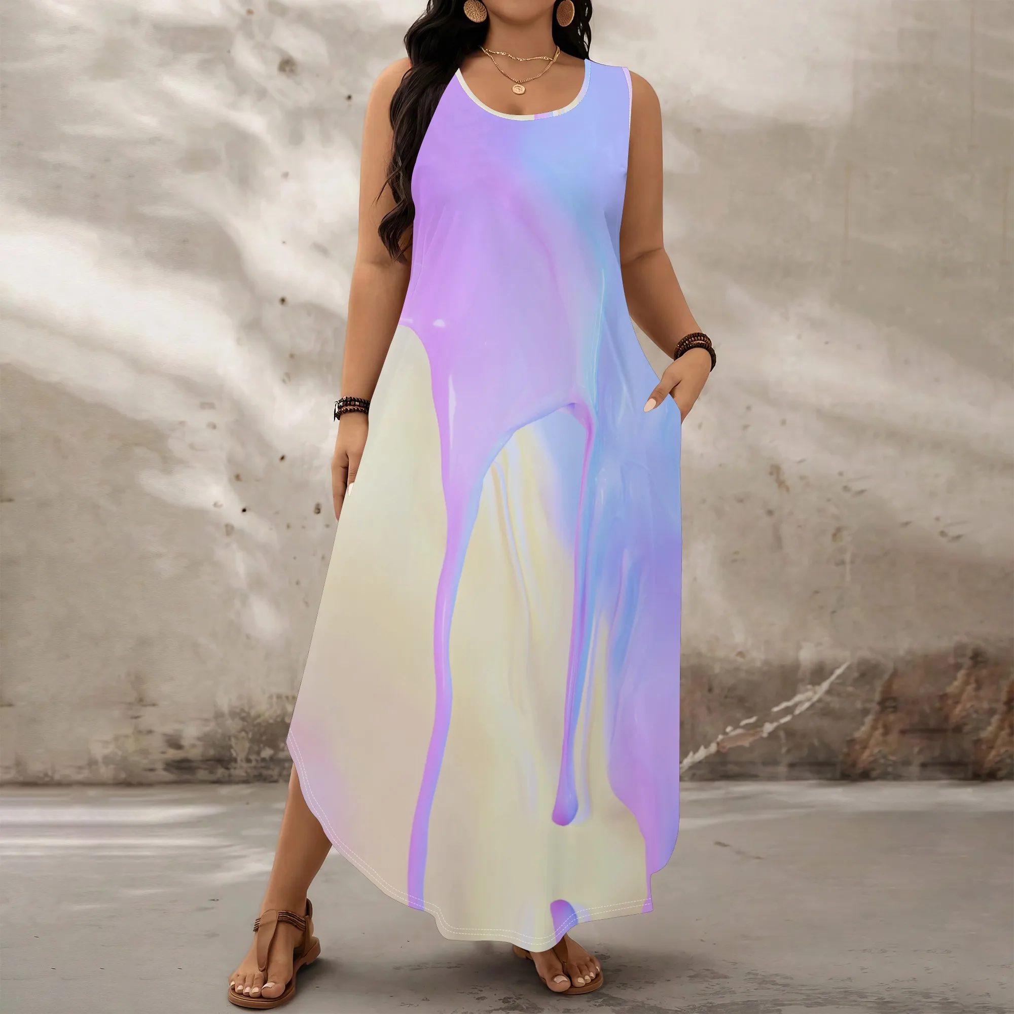 

Pastel Fluid Print Maxi Dress XL‑6XL Sleeveless Loose Fit with Pockets for Summer Vacation, Pride Fest or Brunch Look