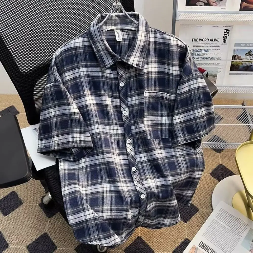 Summer Mens Plaid Shirt Vintage Loose Fit Casual Short Sleeve Streetwear Style Trendy Fashion Aesthetic Male Tops