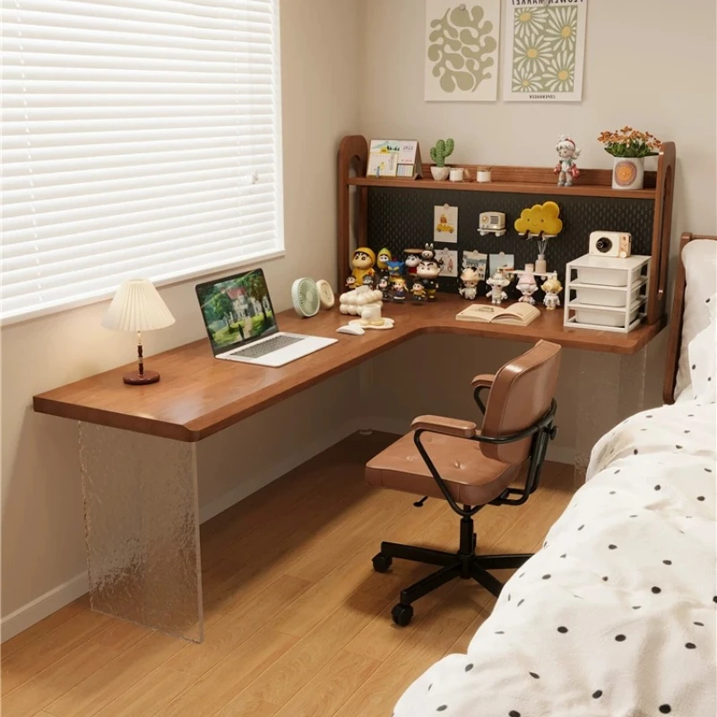 Vintage Style Solid Wood Corner Desk Minimalist Bedroom Acrylic Floating Computer Desk Study Furniture Zwevend Bureau FYFD