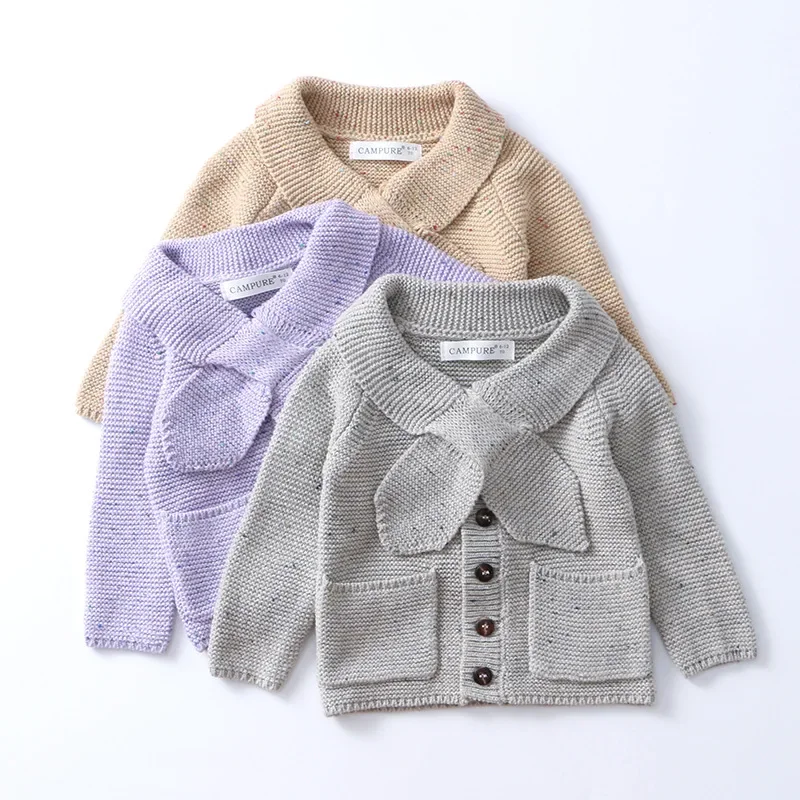 

2025 Autumn New 0-6Y Baby Girls Wool Knitted Cardigan Bow Collar Button-Down Sweater Kids Casual Warm Knitwear Tops with Pockets