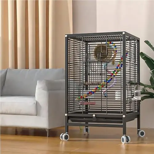 Rolling Metal Bird Cage, Birdcage with Stand and Grass Nest – 13.8