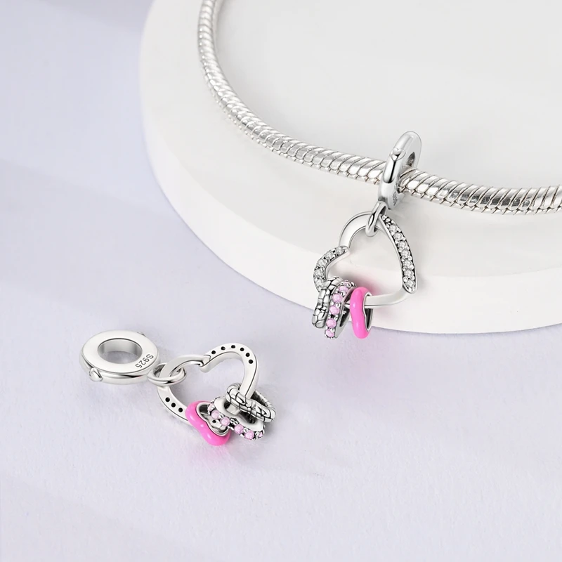 925 Sterling Silver Pink Charms Heart-Shaped Claw Perfume Bottle Bow Cross Pendant Fit Original Bracelet DIY Jewelry Gift image 3