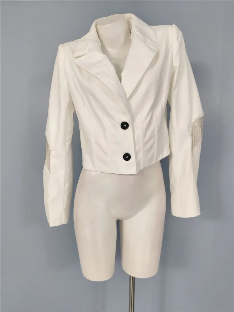 

Весна 2026: Белый короткий костюм с бахромой, повседневный, с завышенной талией, с длинными рукавами, в простом стиле, женская мода, смесовый полиэстер