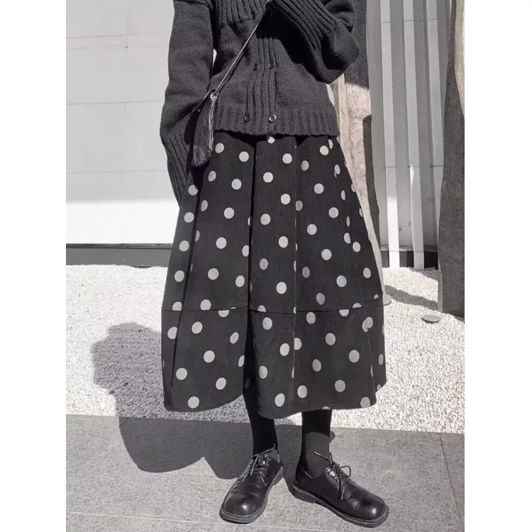 เอวสูงพิมพ์ดอกไม้ f กระโปรงผู้หญิงฤดูใบไม้ร่วงใหม่ Retro Polka Dot Corduroy ยาวสายกระโปรงร่มเดินทาง Sle