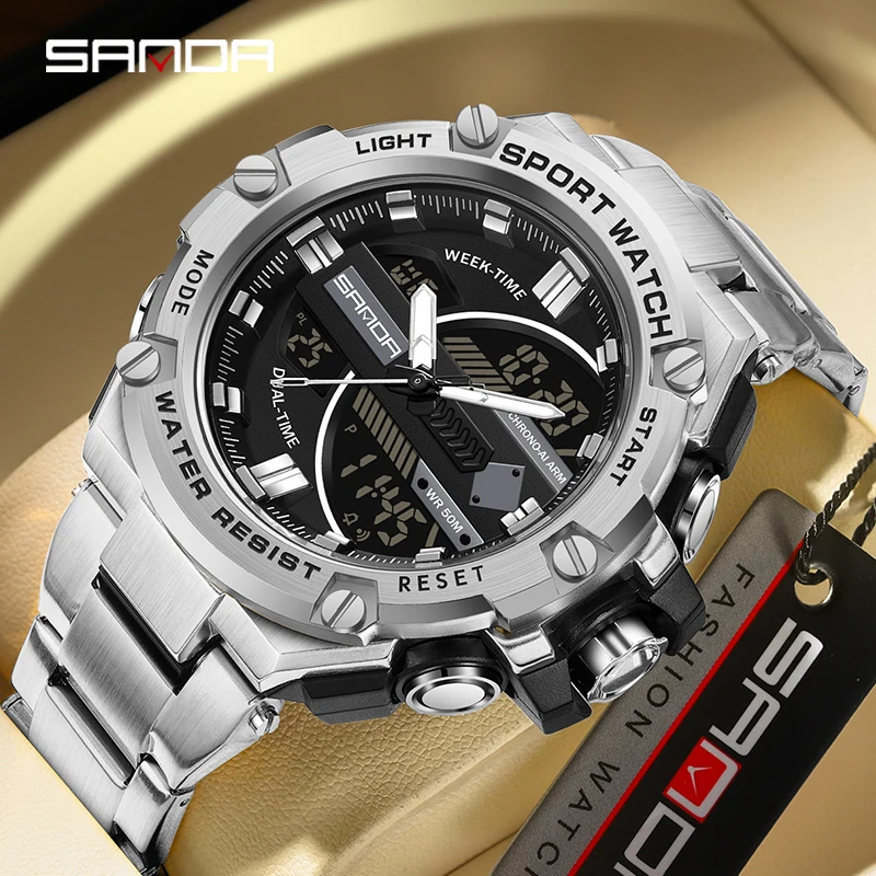 SANDA 3185 New Design For Men Stainless Steel Strap Alarm Mode Waterproof Shock Resistant Outdoor Sports Chronograph Wristwatch