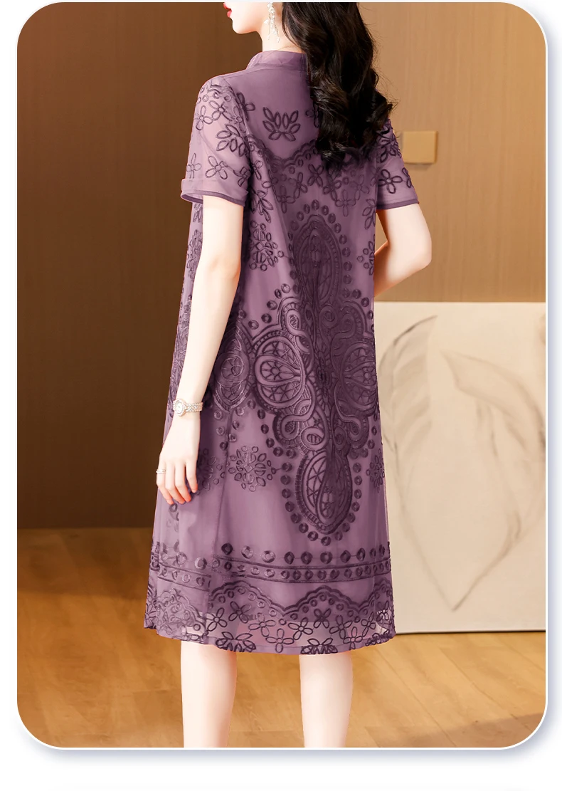 2024 Summer New Heavy Industry Silk Embroidered Dress Women's O-neck Short Sleeve Loose Large A-line Knee Length Skirt