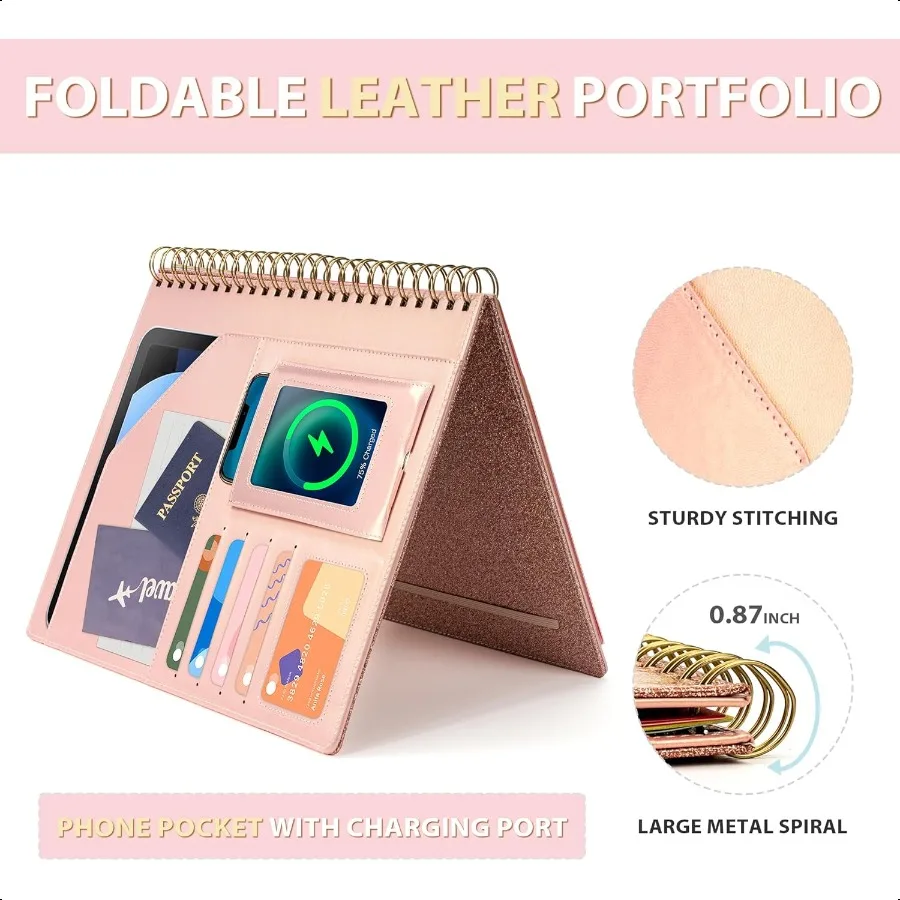 حافظة مع مساحة تخزين للرجال والنساء منظم محفظة Padfolio من الجلد 5 مجلدات مع 10 جيوب حافظة حلزونية مع