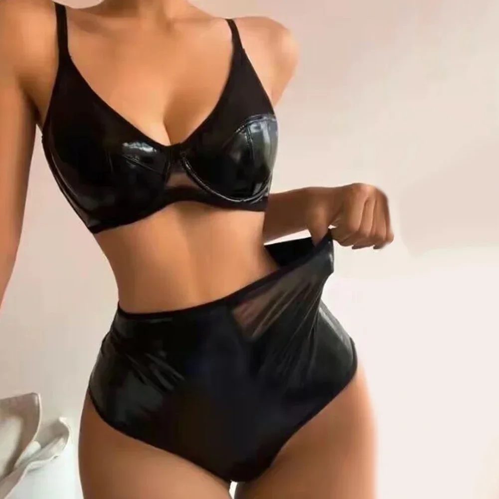 Women Wet Look PU Leather Underwear Push Up Bra Thongs Panties Outfit Sexy Black Lingerie 2pcs Exotic Sets Erotic Costumes