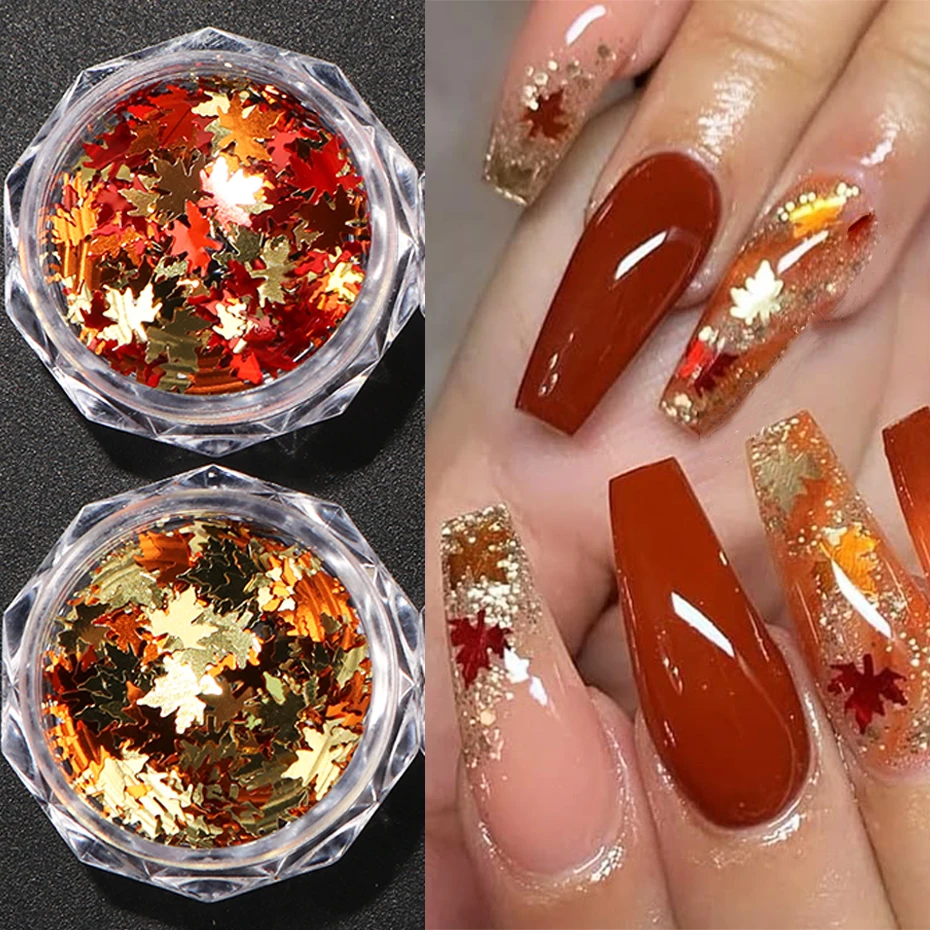 6 Flaschen/Set Ahornblatt-Pailletten, Maillard-Stil, Nagelglitzer, Sechseck-Pulver, Pigmentstaub, Y2K, wunderschöne Herbst-Nagelkunst-Dekoration