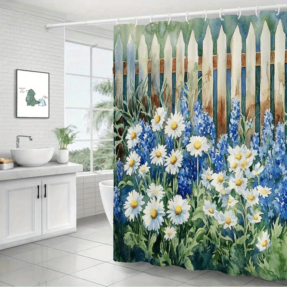 Vibrant Watercolor Garden Scene Shower Curtain with Blue and White Daisies Behind a Rustic Wooden Picket Fence