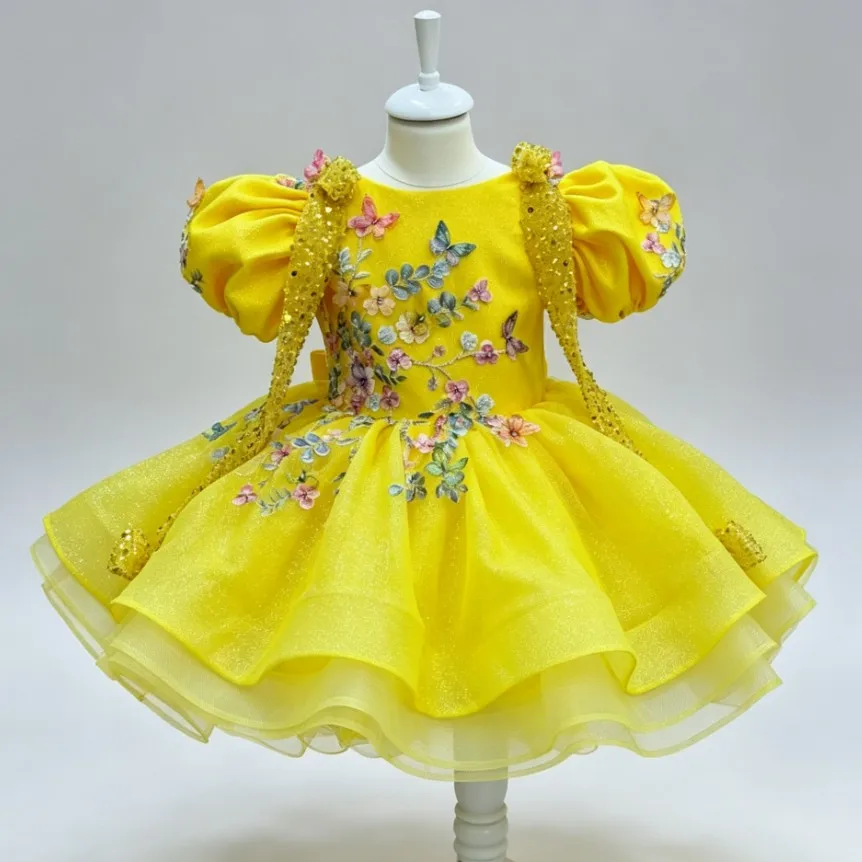 Gelbes Mädchenkleid mit Puffärmeln, Prinzessinnenkleid mit Blumenstickerei und Pailletten, Ballkleid für Kinder, Weihnachtsfeierkleid für Hochzeit und Geburtstag – Detail 3