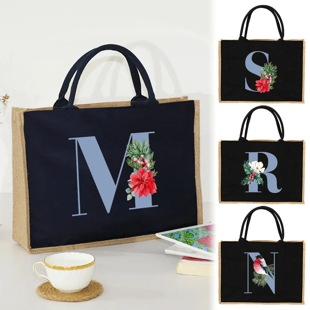Natural Jute Handbag with Black Handle Accents and Multiple Spacious Compartments for Daily Shopping Bag Blue Letter Series