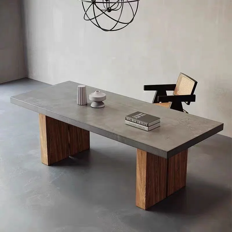 

Nordic retro imitation cement color dining table solid wood long table desk designer large apartment conference table negotiatio