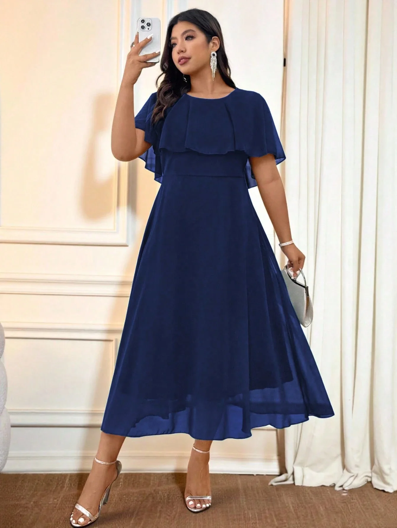

Elegant Plus Size Round Neck Loose Solid Chiffon Midi Dress For Women Formal Wedding Guest