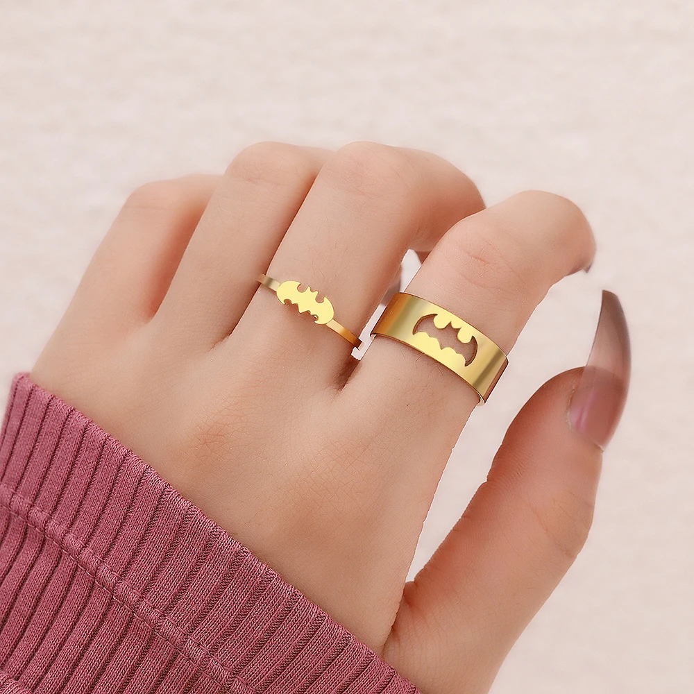 Stainless Steel Rings Gothic Hip Hop Punk Bat Fashion Adjustable Couple Ring For Women Jewelry Wedding Engagement Gift 2Pcs/set