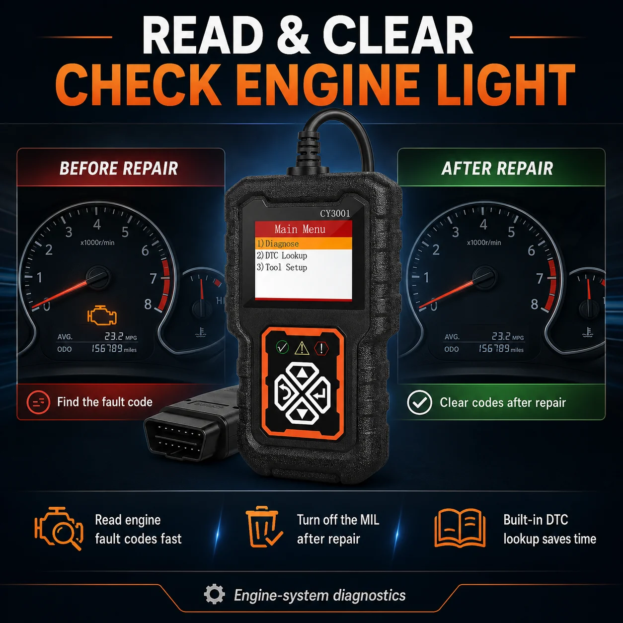 CY3001 OBD2 Scanner Car Diagnostic Tool, Engine Fault Code Reader with Read Erase Codes, Live Data Stream, I/M Readiness, Vehicl