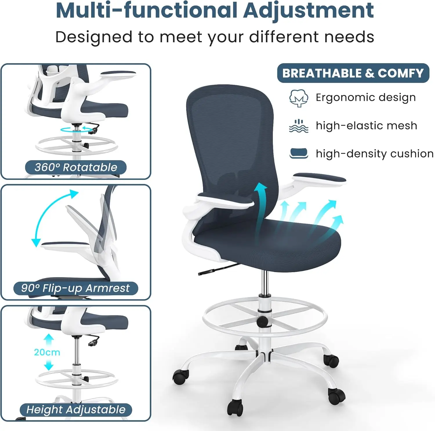 Kursi, kursi kantor tinggi dengan Flip-up sandaran tangan eksekutif ergonomis komputer berdiri meja kursi kantor