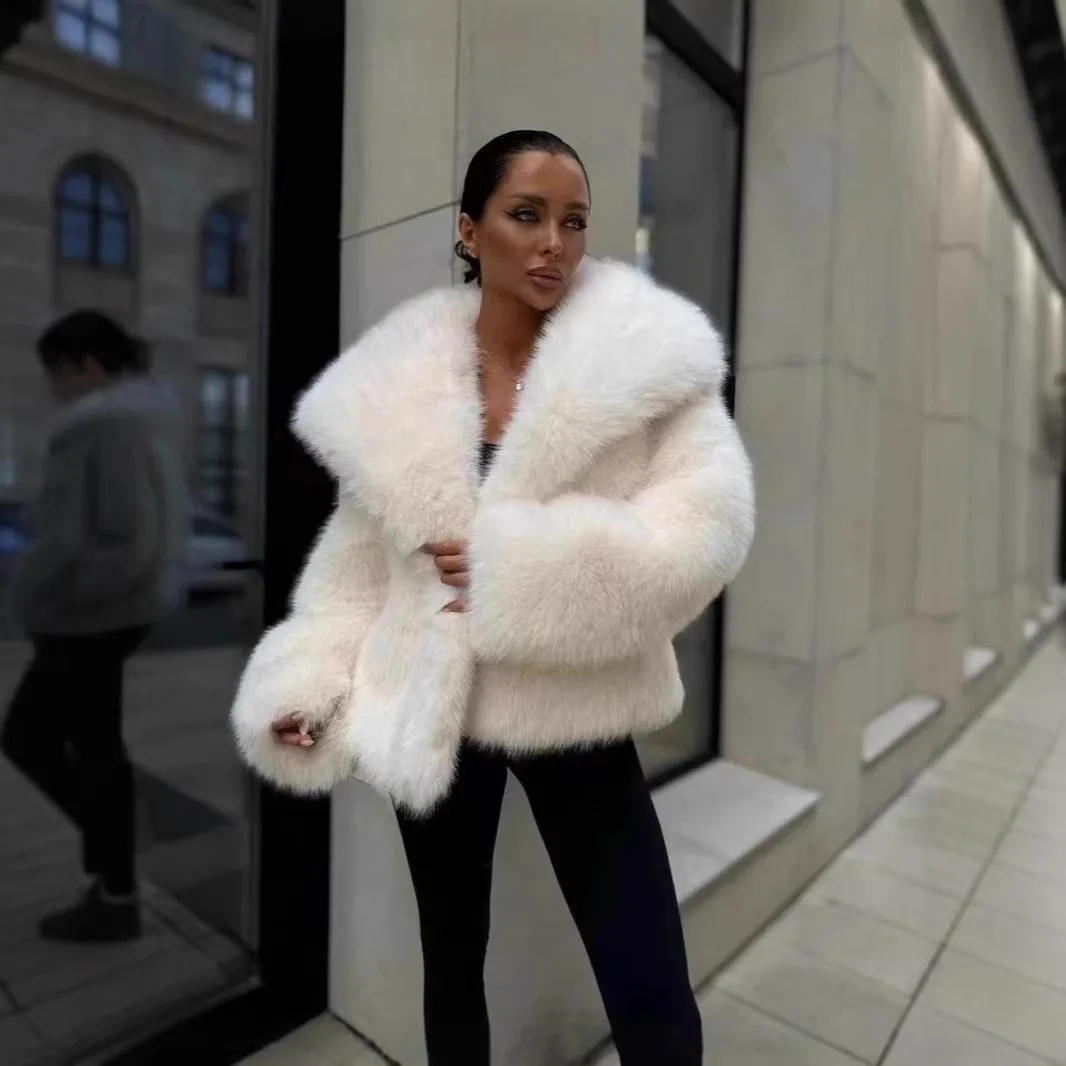 Winter Warm Faux Fur Coat Big Lapel Soft Faux Fox Fur Jacket High Quality Fluffy Women Fashion Outerwear