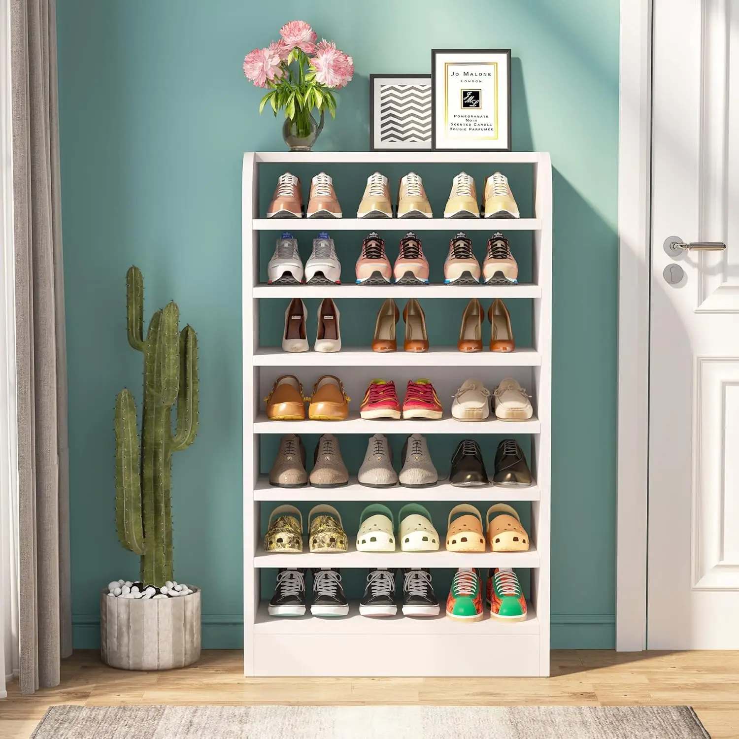 Shoe Rack, 8-Tier Tall Shoe Shelf, Wooden Shoe Storage Cabinet, White