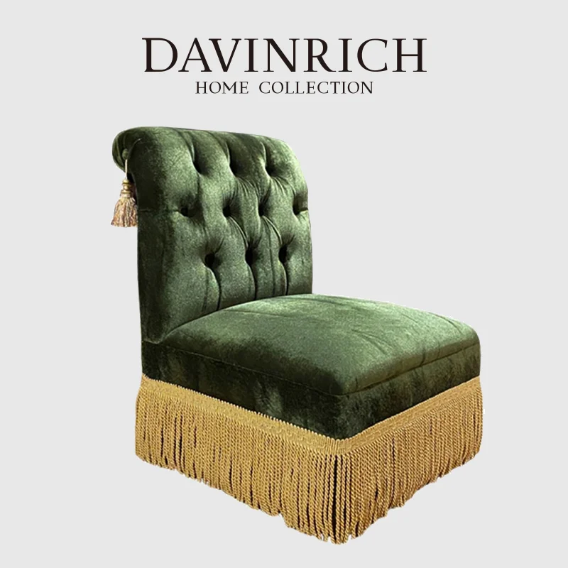 DAVINRICH Victorian Style Luxury Velvet Single Sofa Chair With Gold Tassels Decorative Armchair Backrest Chair Retro Dark Green