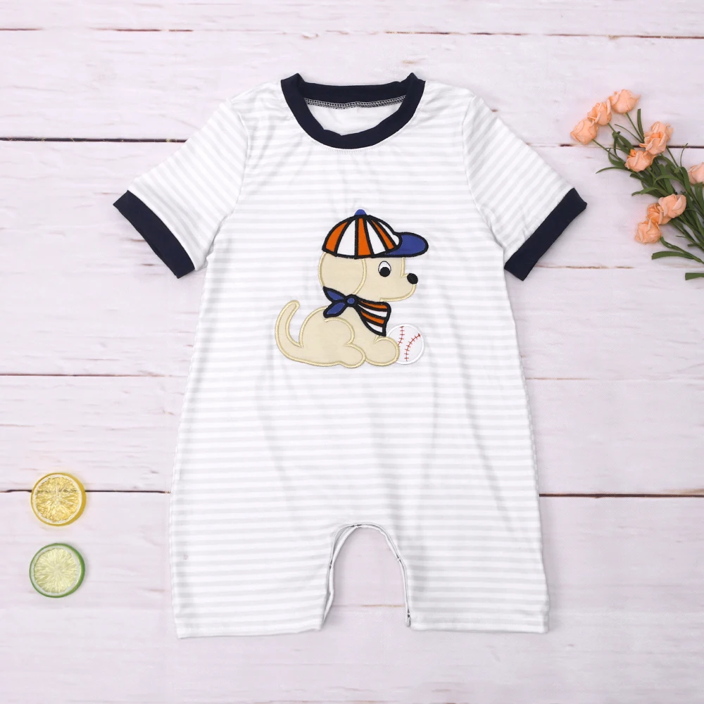 

New Born 0-3T Jumpsuit Baby Boy Clothes Puppy Embroidery Bubble Infant Stripes Romper Sleeve Babi Short Bodysuit Bebe Outfit