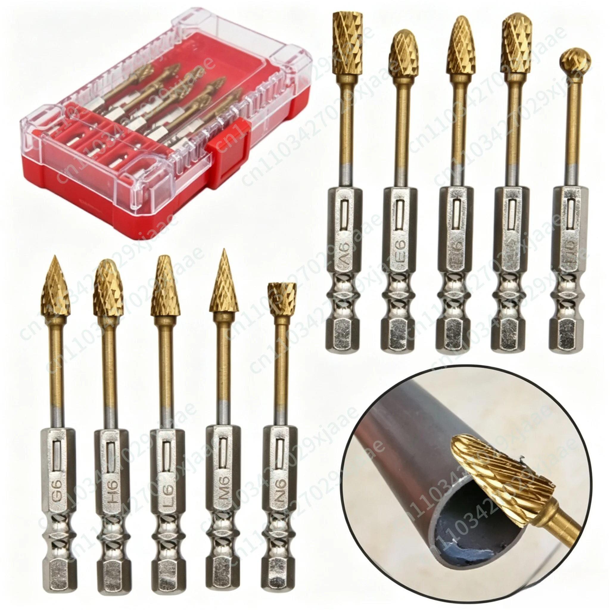Red Plastic Box Titanium-plated Hexagonal Shank Carbide Rotary File Ten-piece Set Double-grain Tungsten Steel Screw Head Set