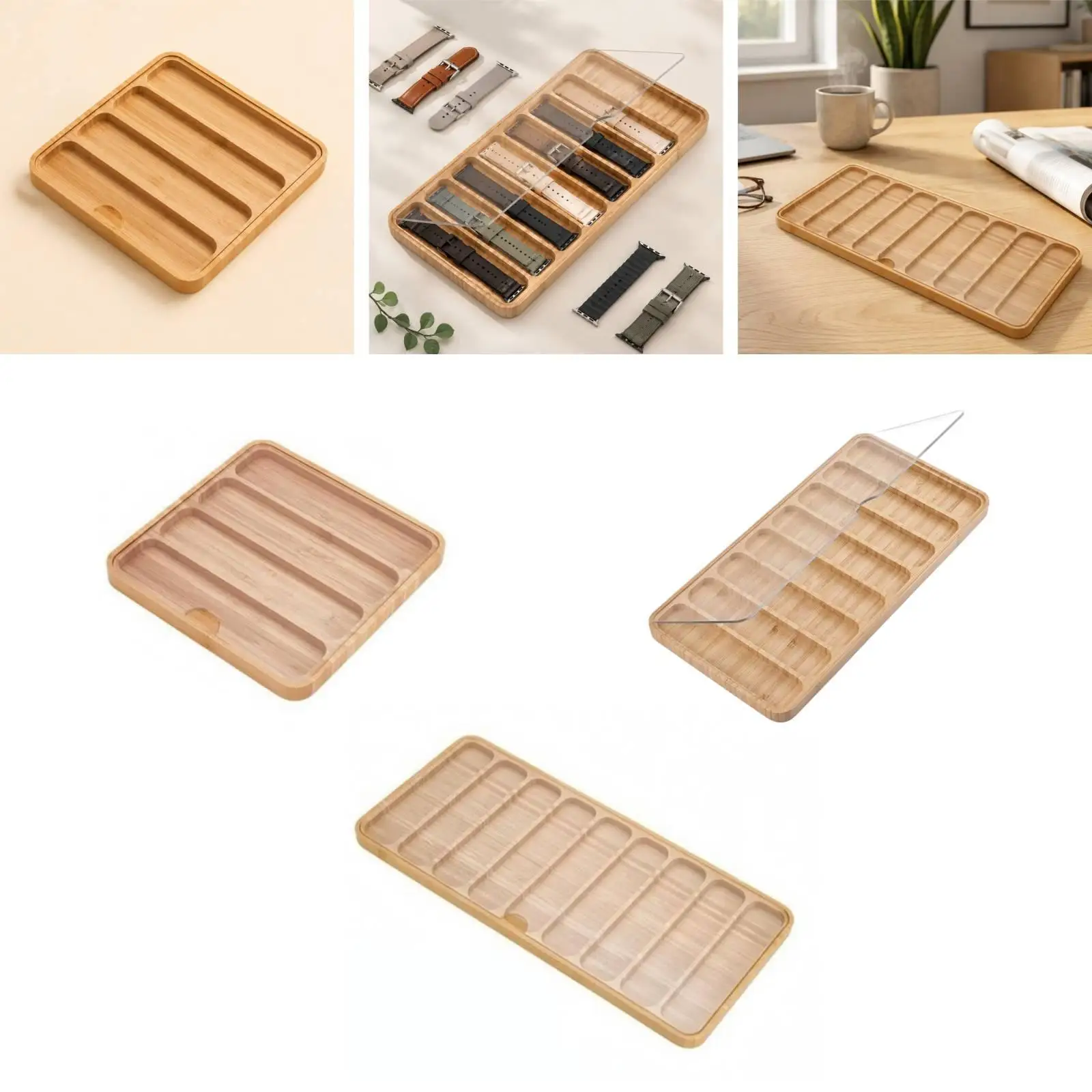 Wooden Watch Display Case Holder Tray Jewelry Storage Organizer with Dustproof Acrylic Top for Bedroom Closet