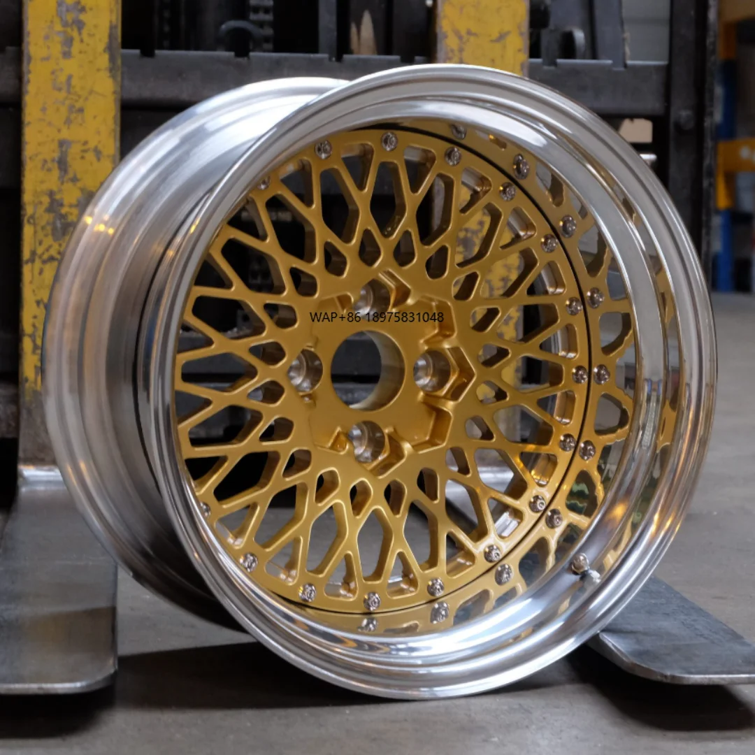 Custom 3 Pc Forged 5x120 5x130wheels 15 16 17 18 19 Inch 7j to 14 j Mesh Design E50 Gold  Wheel Rim for