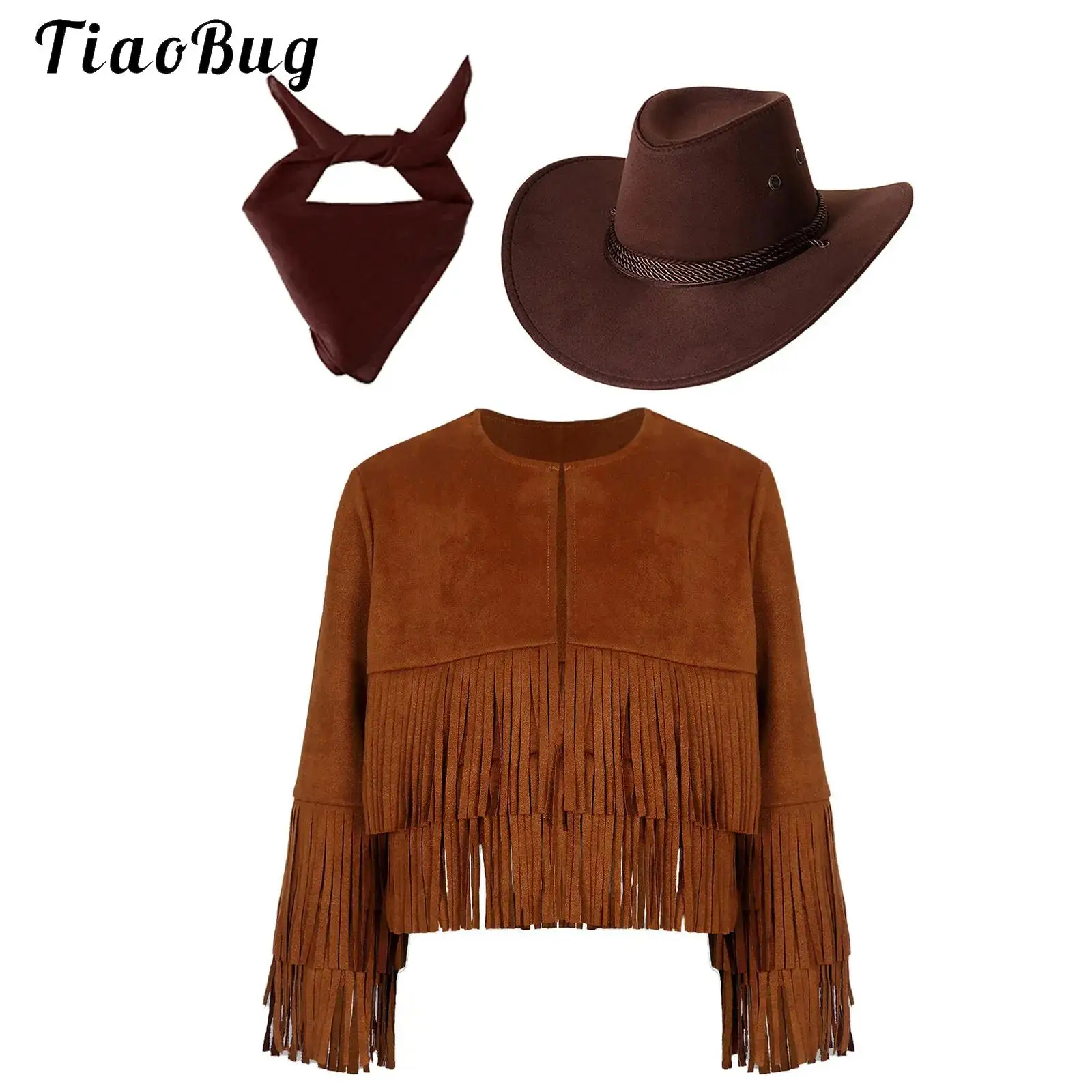 

Fancy Wild West Cosplay Cowboy Costume Boy Girls Open Front Tassel Fringe Waistcoat Cowboy Suede Vest Hat Bandanna Halloween Set