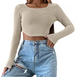 DZ-DZ Women Y2k Aesthetic Suqare Neck Waffle Knitted Crop Tops Casual Long Sleeve Slim Fit Going Out Crop Tee Shirt