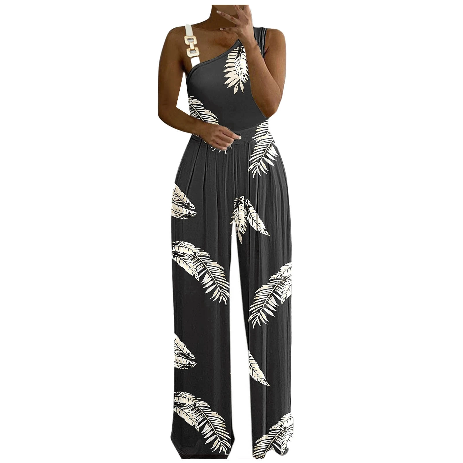 Elegant Jumpsuits Woman Outfit Metal Button Strap Party Sexy Sleeveless Rompers 2023 Lady Skew Collar Wide Leg Trousers Overalls